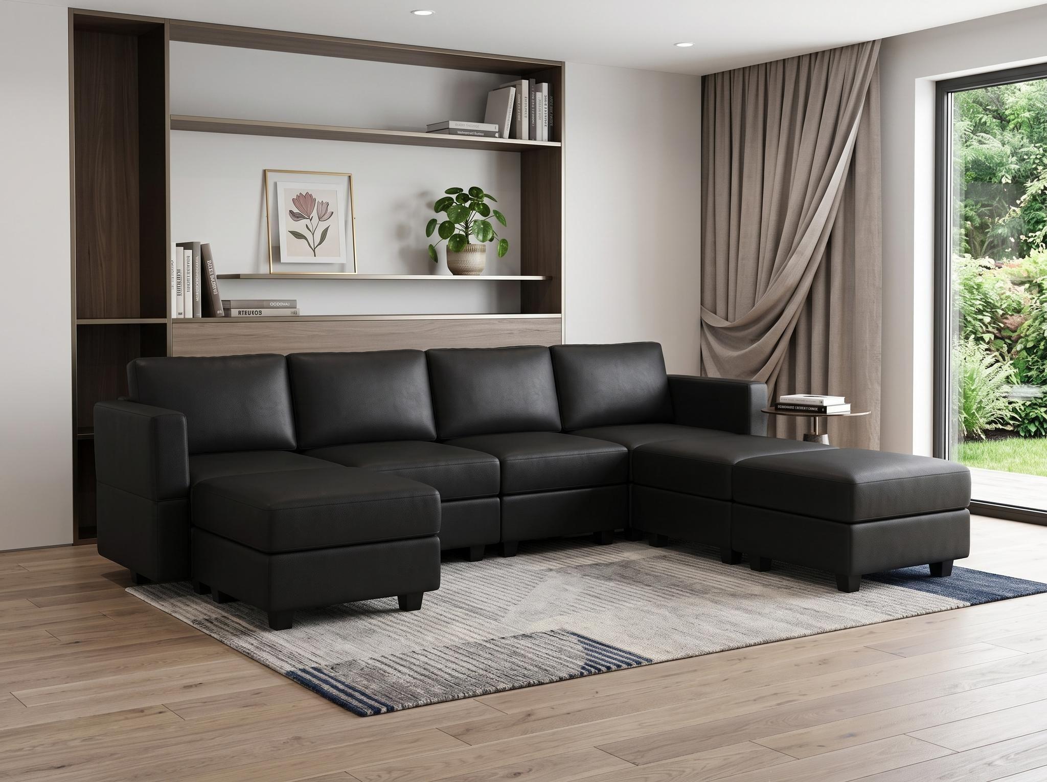Black Faux Leather Modular Seven Piece Storage Sectional With Ottomans