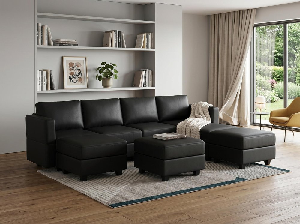 Beige Faux Leather Modular U Shaped Eight Piece Corner Sectional