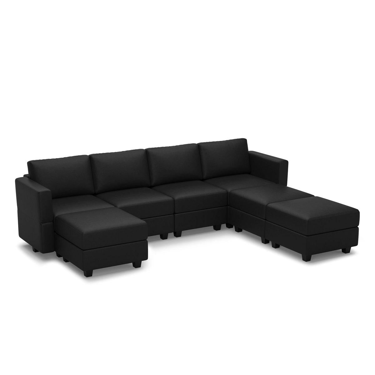 Black Faux Leather Modular Seven Piece Storage Sectional With Ottomans