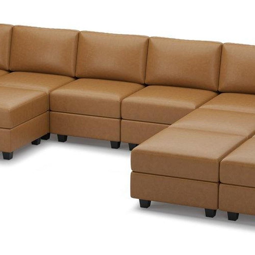 Brown Faux Leather Modular Twelve Piece Storage Sectional With Ottomans