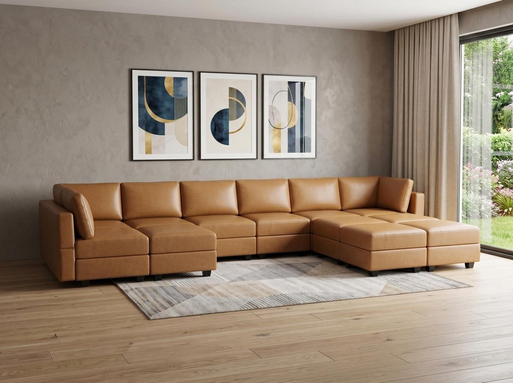 Beige Faux Leather Modular U Shaped Twelve Piece Corner Sectional