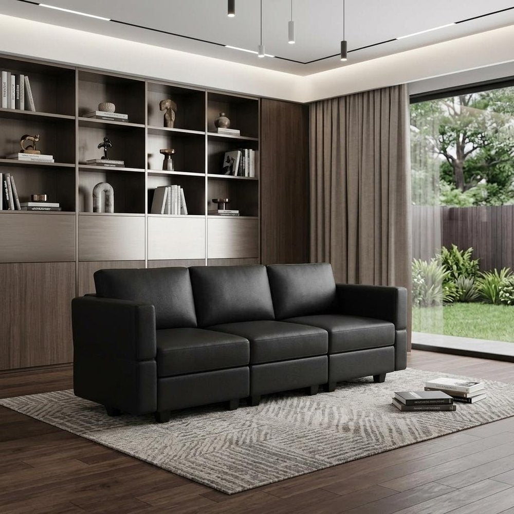 79" Beige Faux Leather Modular Sofa And Storage