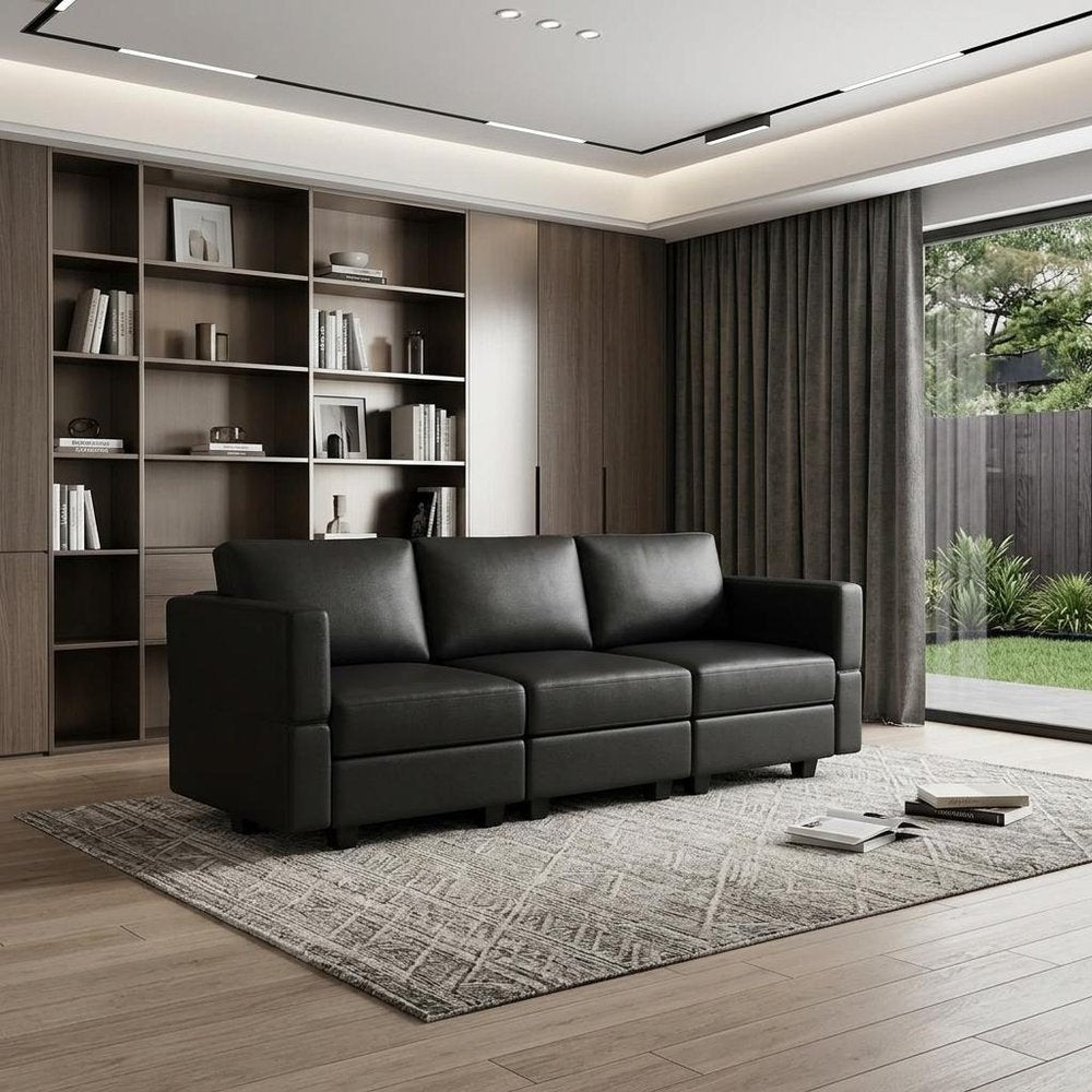79" Beige Faux Leather Modular Sofa And Storage