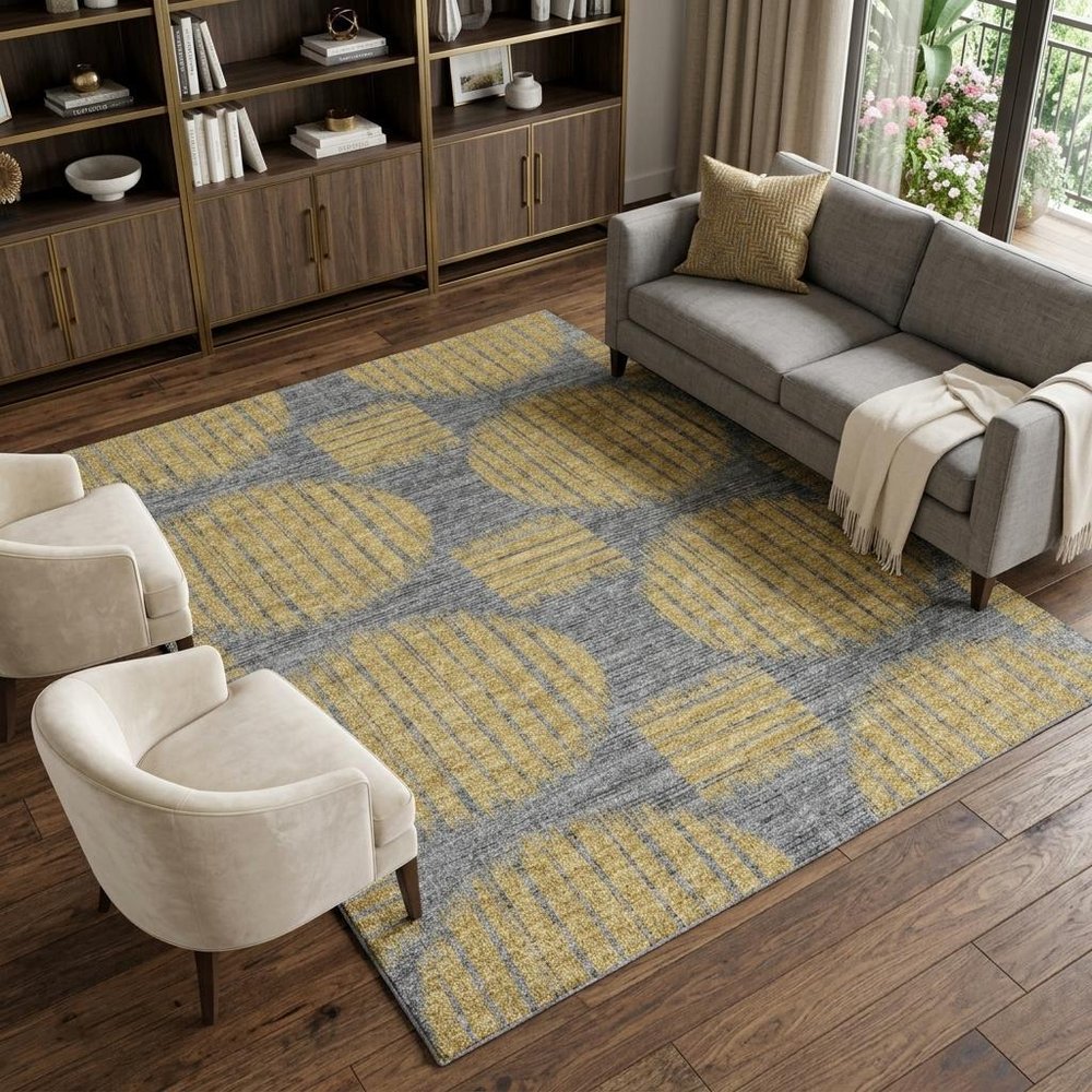 9' X 12' Yellow And Gray Geometric Shag Washable Area Rug With UV Protection