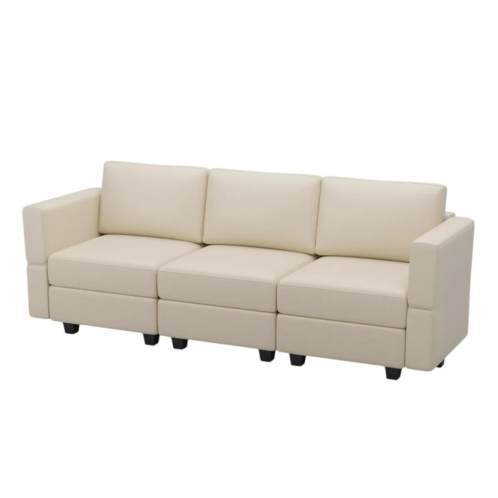 79" Beige Faux Leather Modular Sofa And Storage