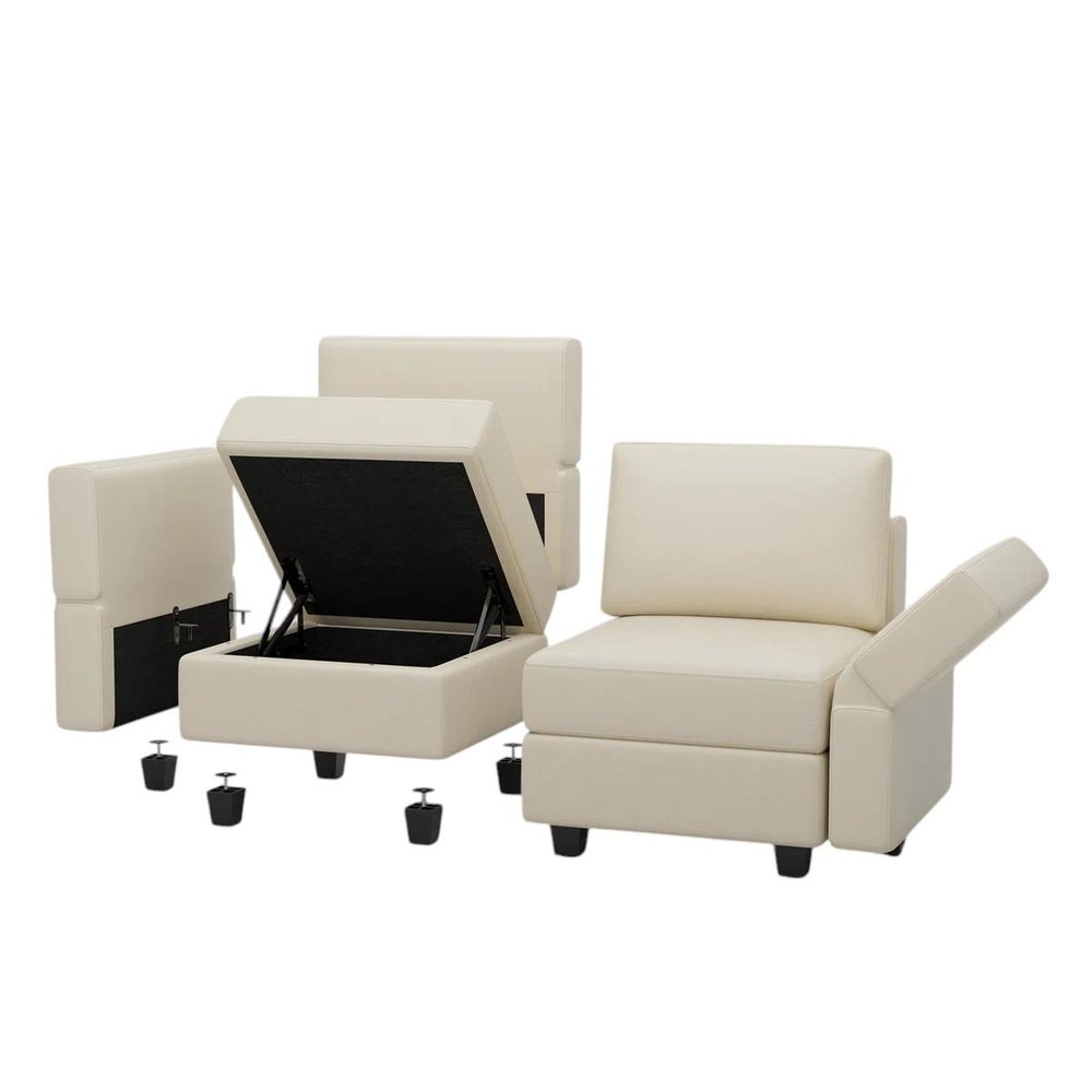79" Beige Faux Leather Modular Sofa And Storage