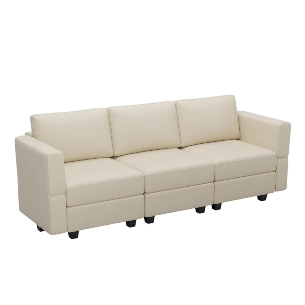 79" Beige Faux Leather Modular Sofa And Storage