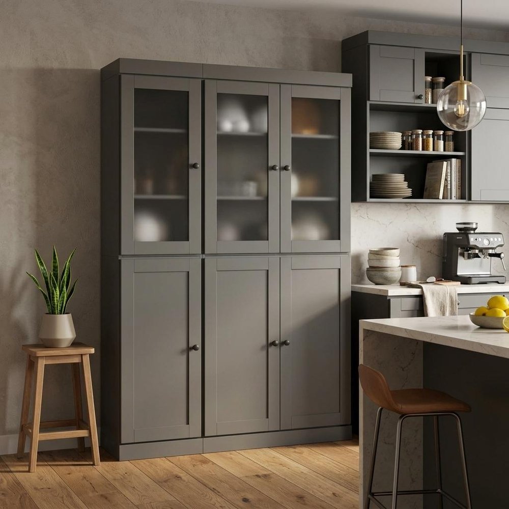 72" Gray Solid Wood Six Door Pantry Or Storage Closet