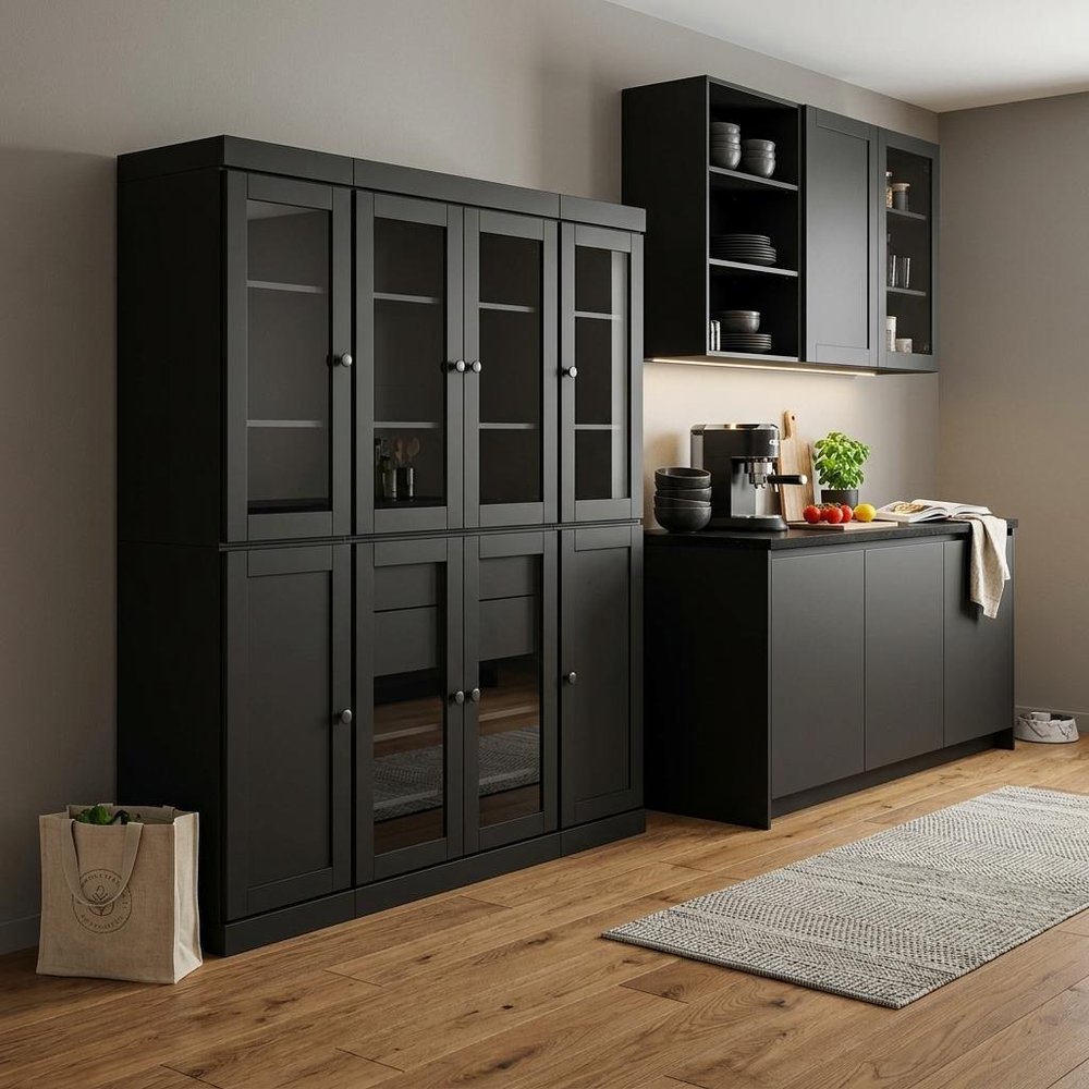 72" Black Solid Wood 8 Two Drawer Pantry Or Storage Closet