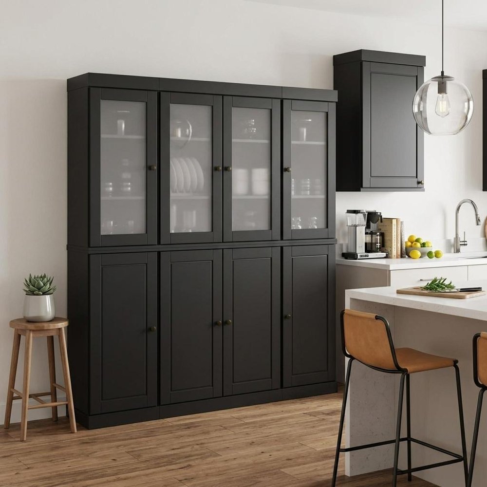 72" Black Solid Wood 8 Two Drawer Pantry Or Storage Closet