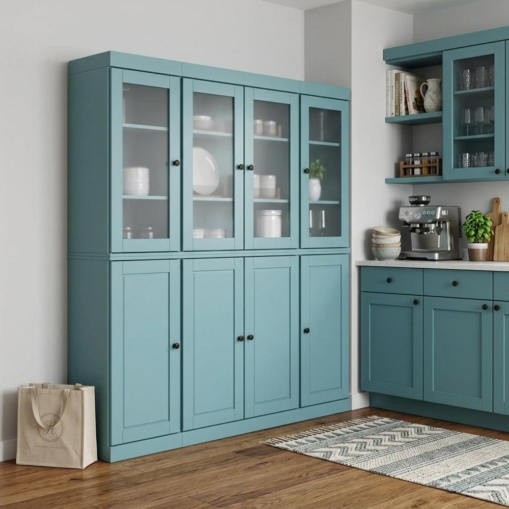 72" Aqua Solid Wood 8 Two Drawer Pantry Or Storage Closet