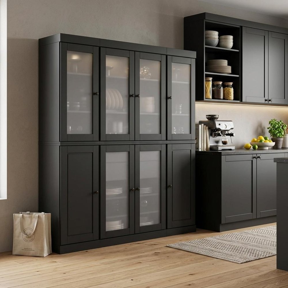 72" Black Solid Wood 8 Two Drawer Pantry Or Storage Closet