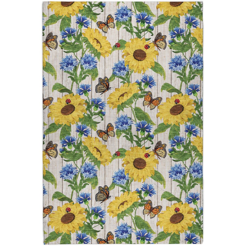 9' X 12' Yellow And Ivory Floral Shag Washable Area Rug With UV Protection