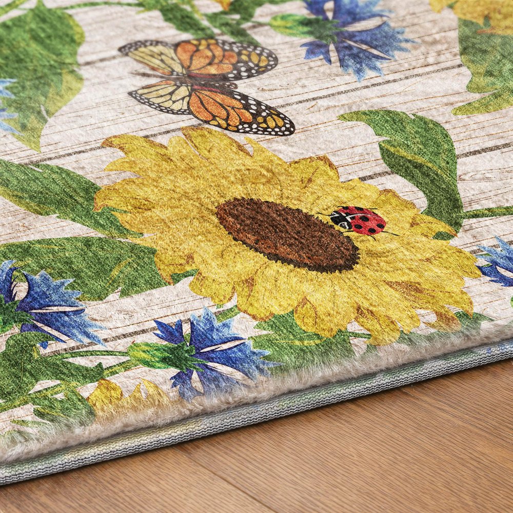 9' X 12' Yellow And Ivory Floral Shag Washable Area Rug With UV Protection