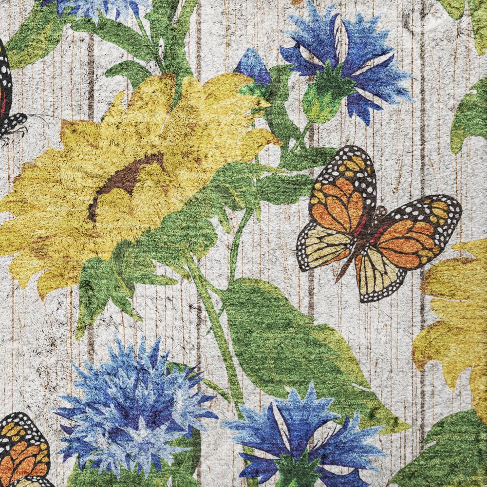 9' X 12' Yellow And Ivory Floral Shag Washable Area Rug With UV Protection
