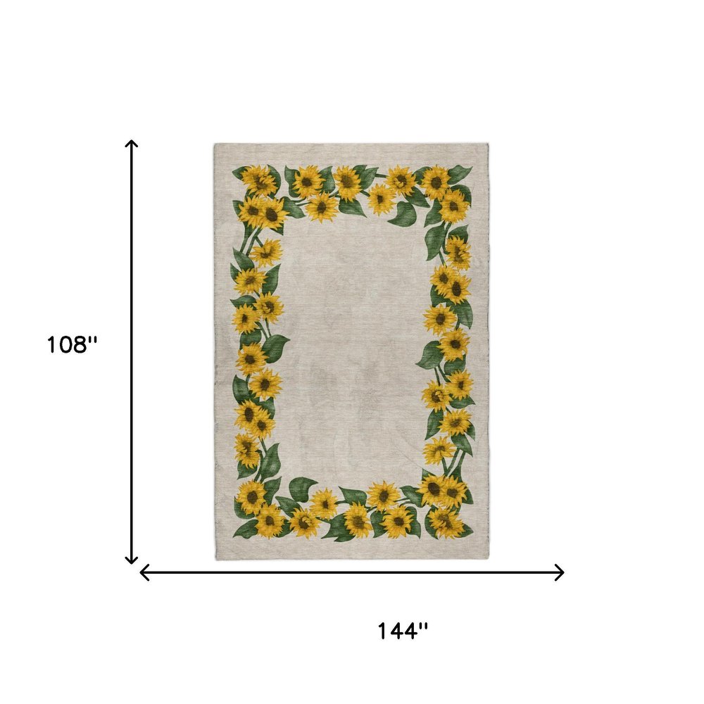 9' X 12' Yellow And Green Floral Shag Washable Area Rug With UV Protection