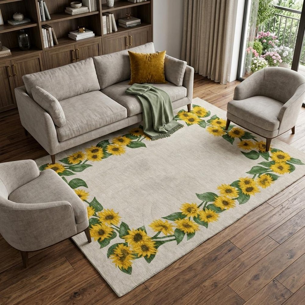 9' X 12' Yellow And Green Floral Shag Washable Area Rug With UV Protection