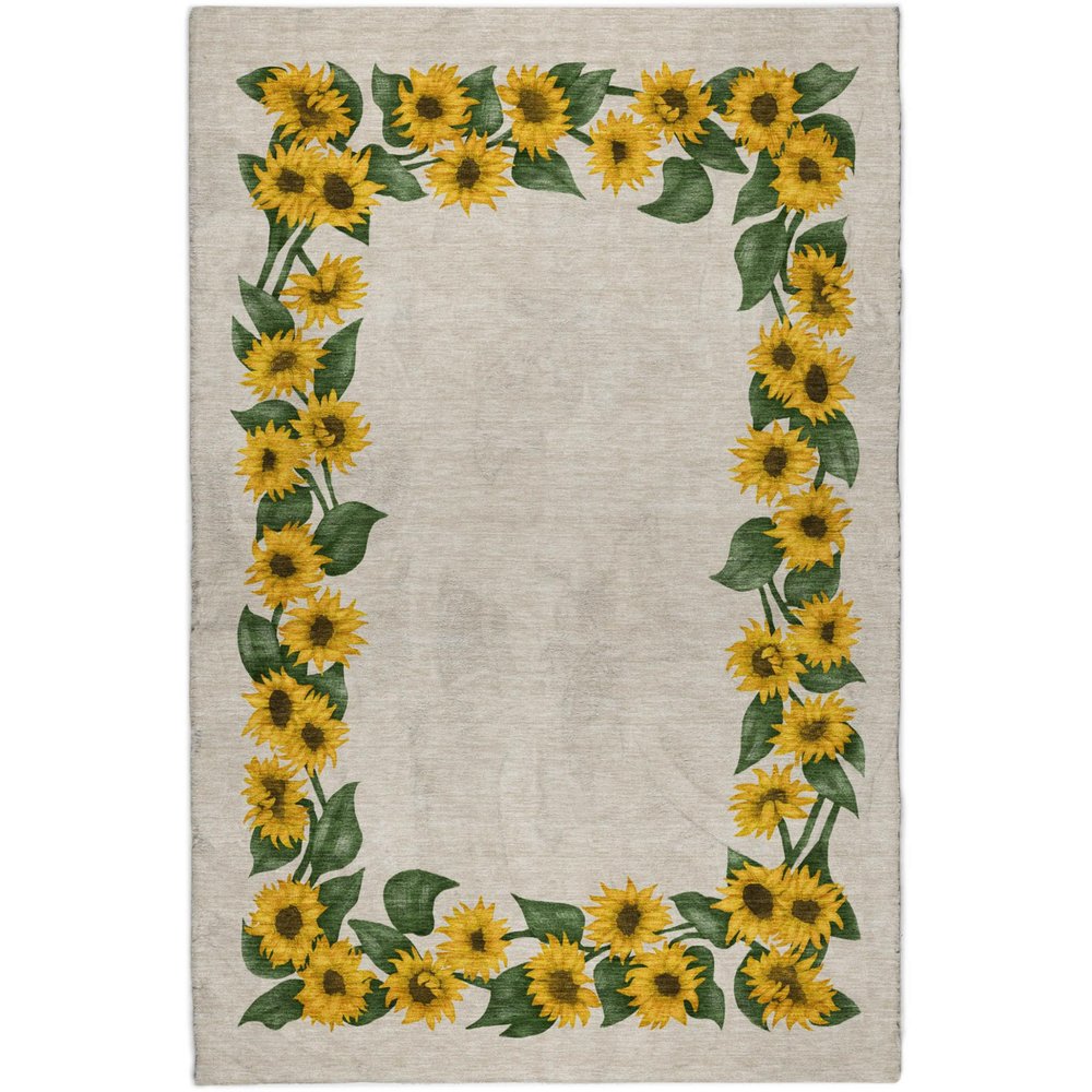 9' X 12' Yellow And Green Floral Shag Washable Area Rug With UV Protection