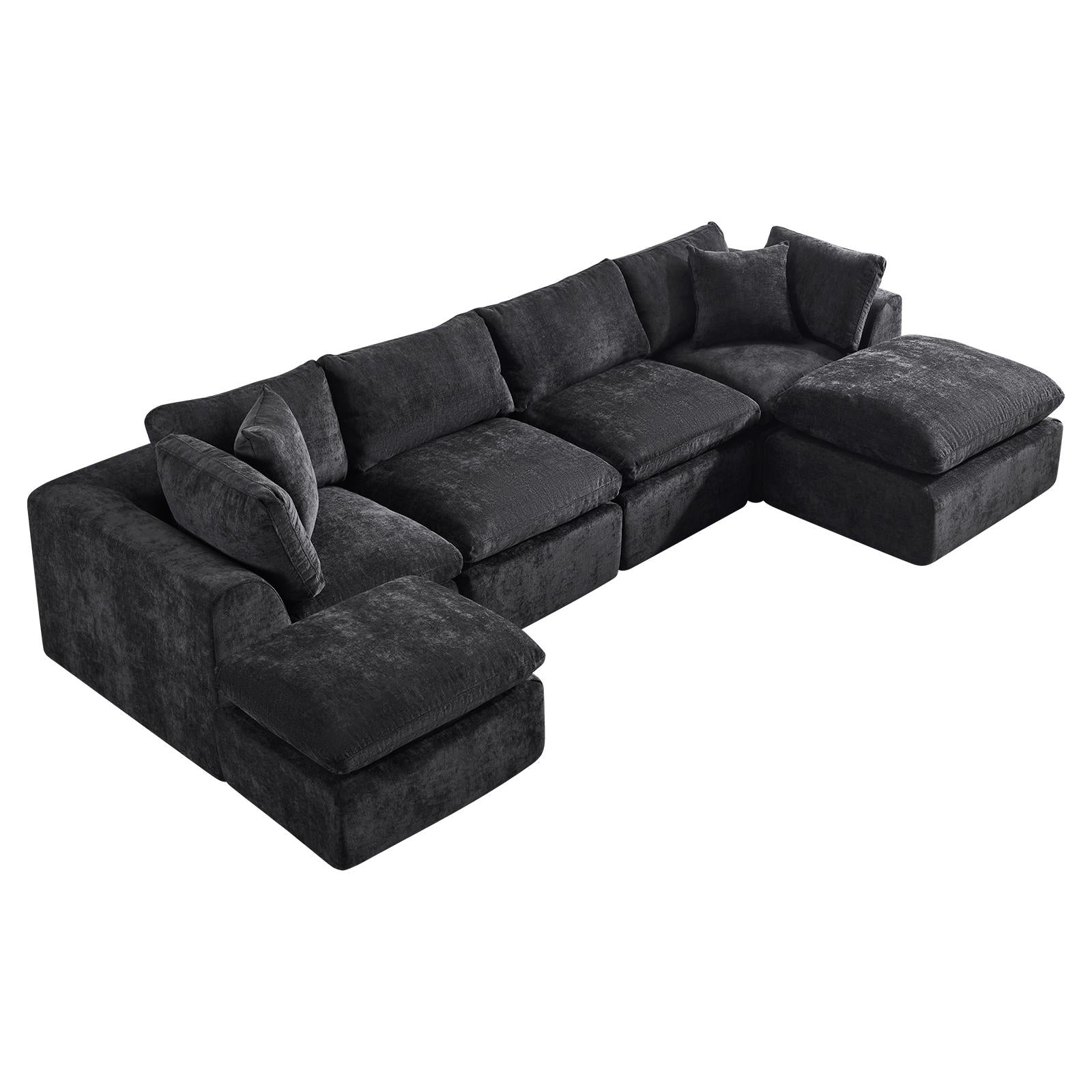 140" Black Chenille Modular Sofa With Ottoman And Toss Pillows
