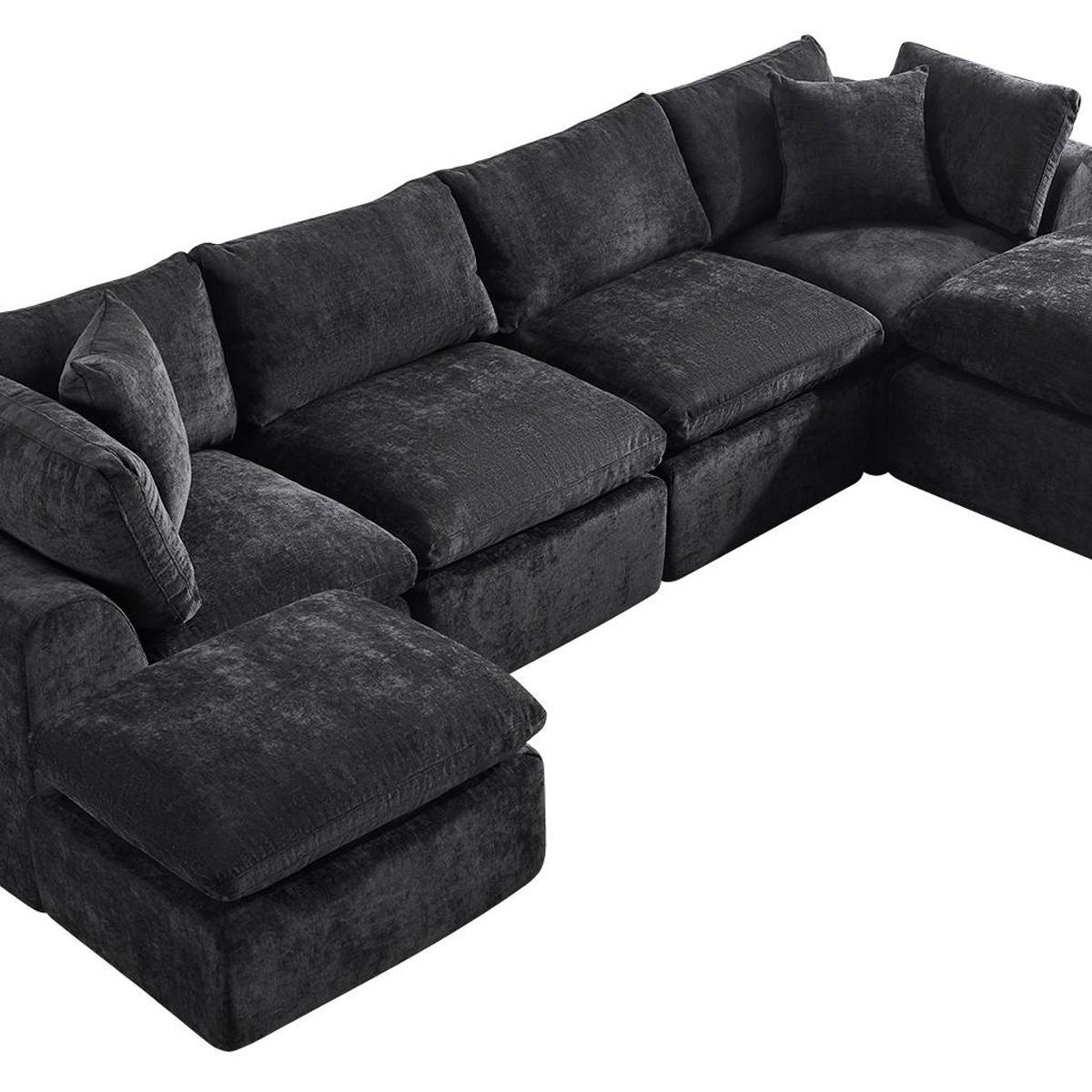 140" Black Chenille Modular Sofa With Ottoman And Toss Pillows