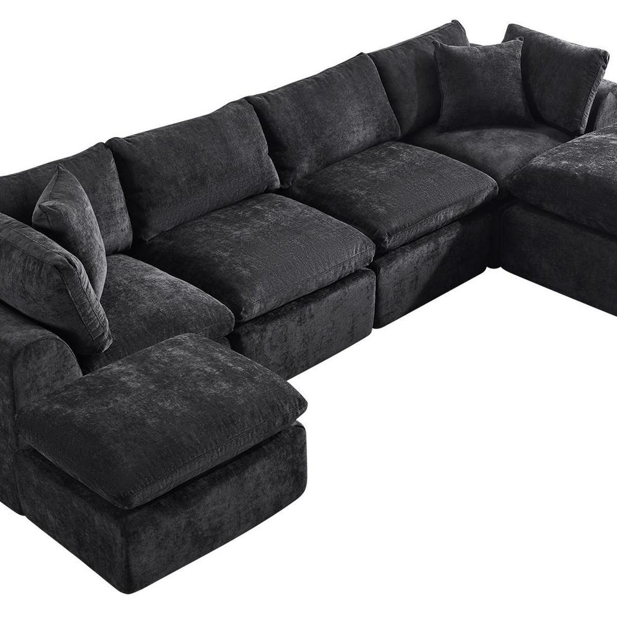 140" Black Chenille Modular Sofa With Ottoman And Toss Pillows