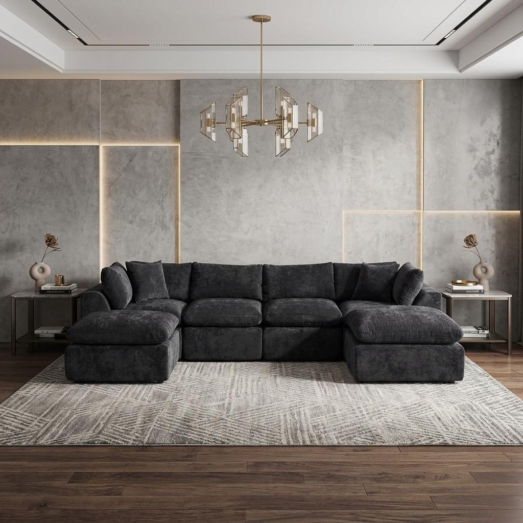 140" Black Chenille Modular Sofa With Ottoman And Toss Pillows