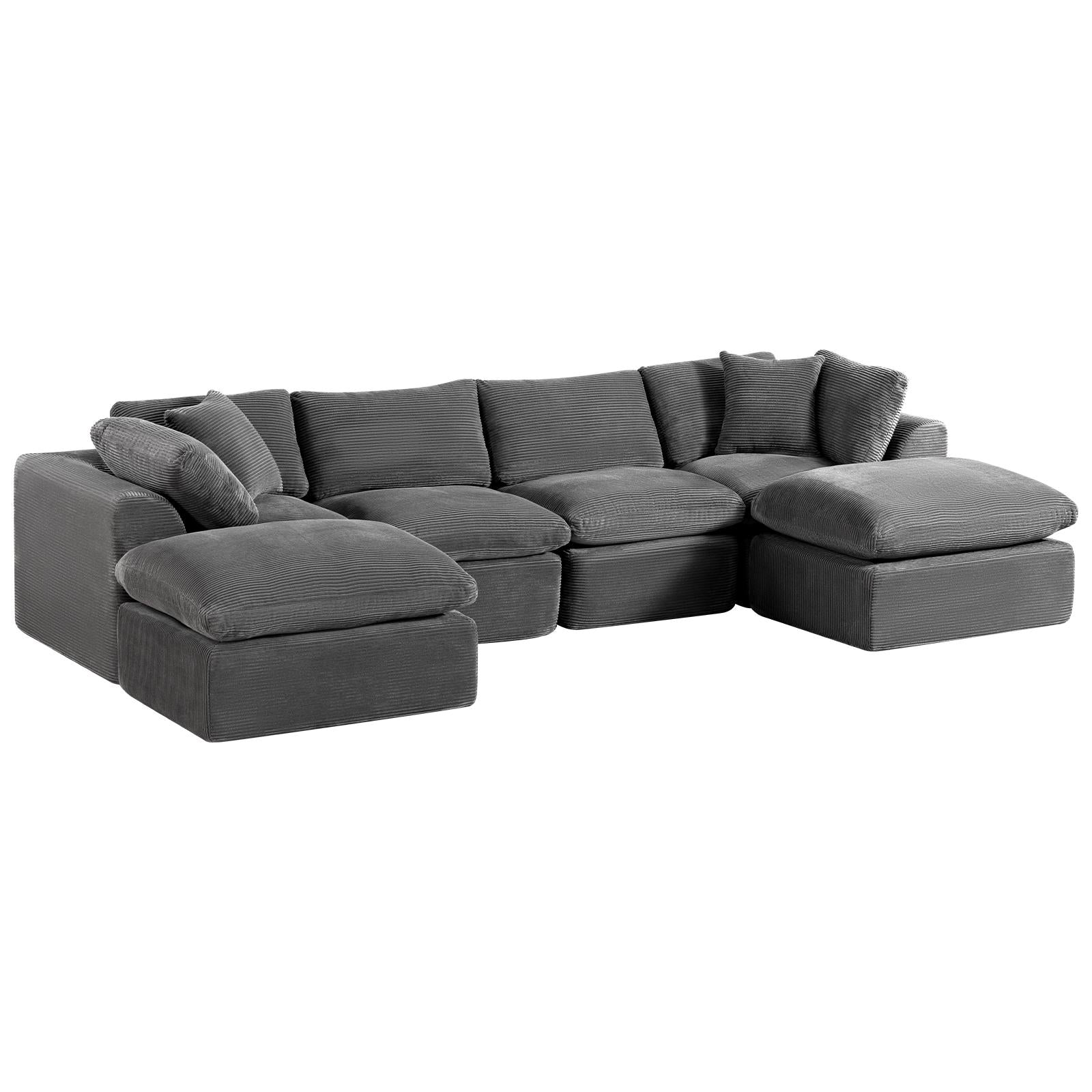140" Dark Gray Corduroy Modular Sofa With Ottoman And Toss Pillows