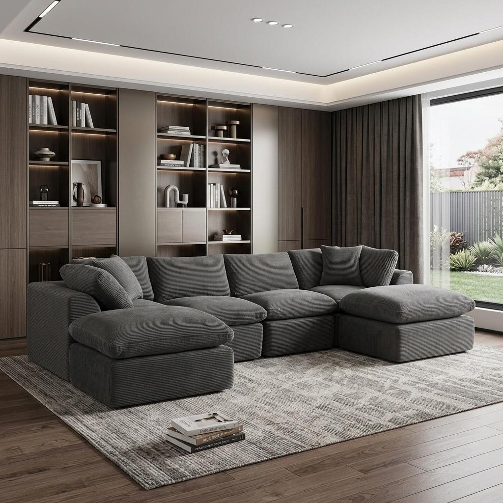 140" Dark Gray Corduroy Modular Sofa With Ottoman And Toss Pillows