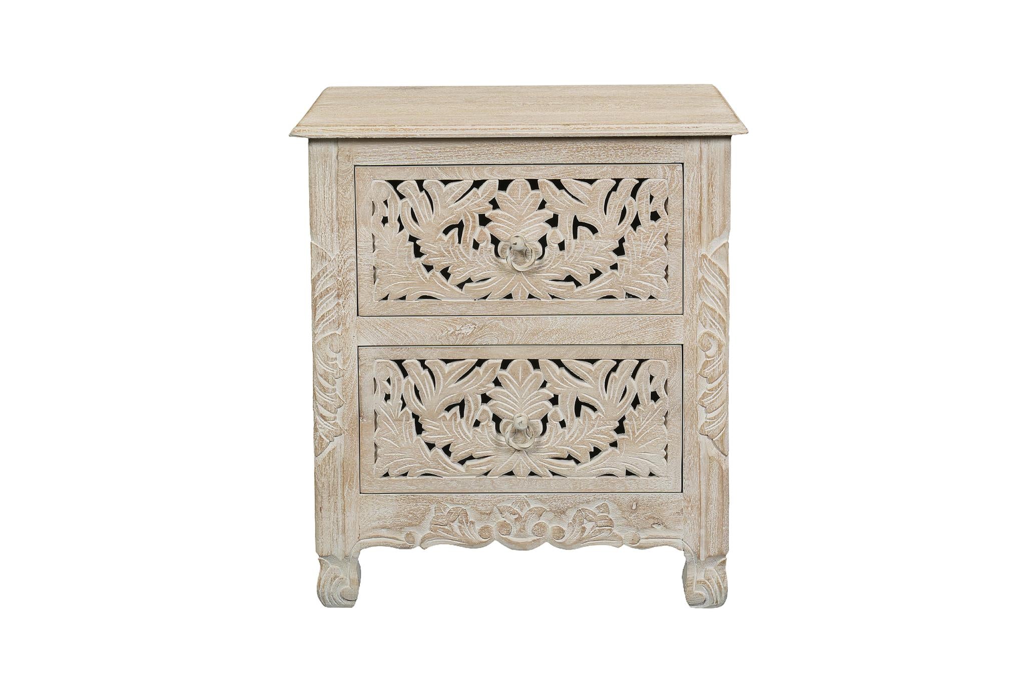 27" White Solid Wood Square Distressed Carved Floral Two Drawer Nightstand