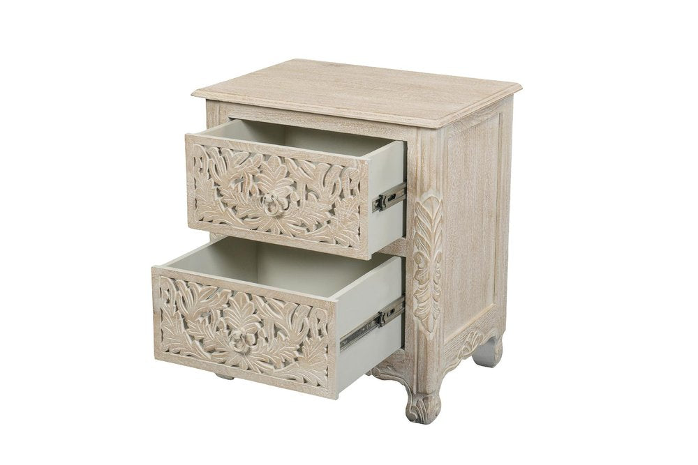 27" White Solid Wood Square Distressed Carved Floral Two Drawer Nightstand