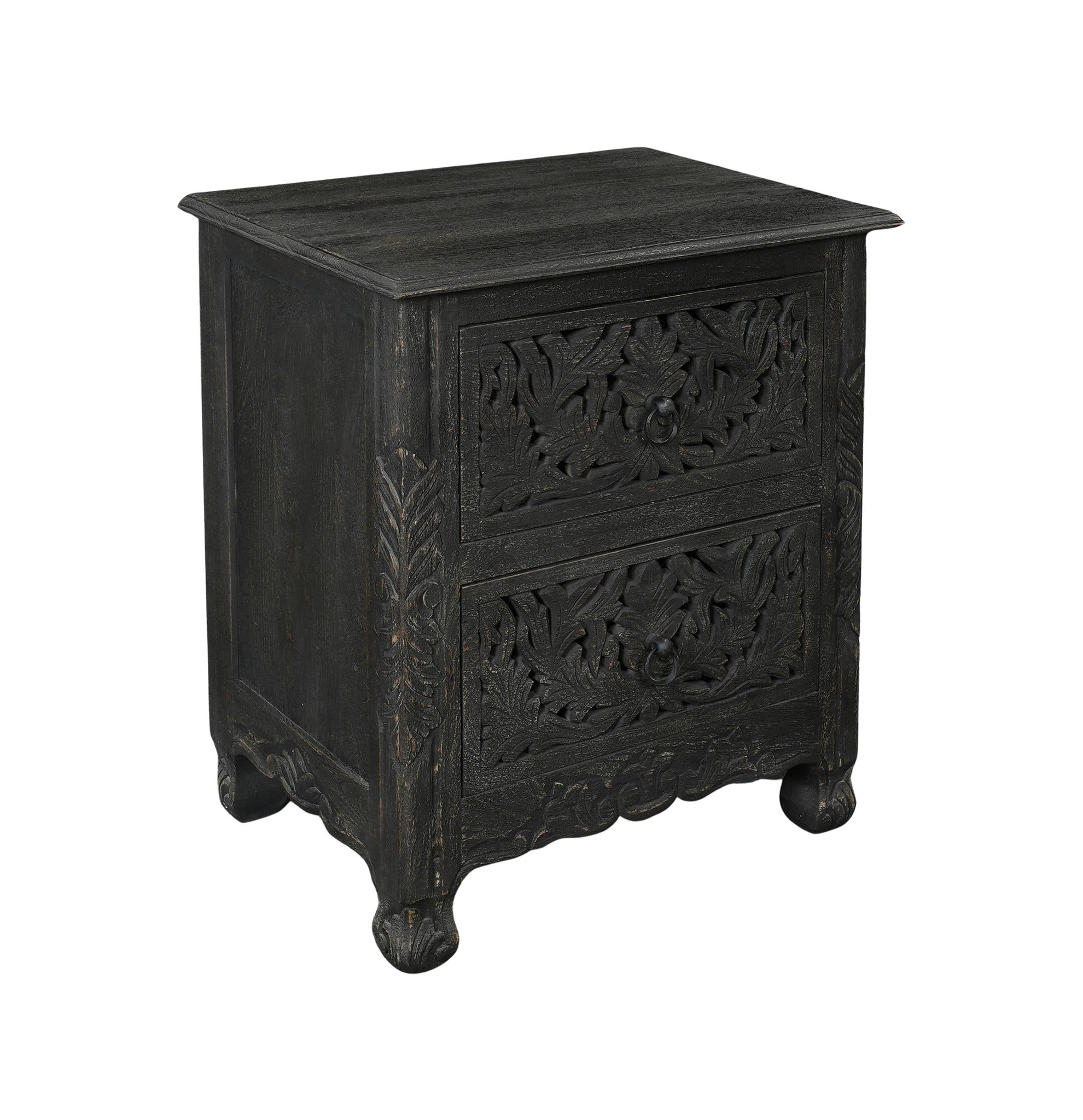 27" Black Solid Wood Square Distressed Carved Floral Two Drawer Nightstand