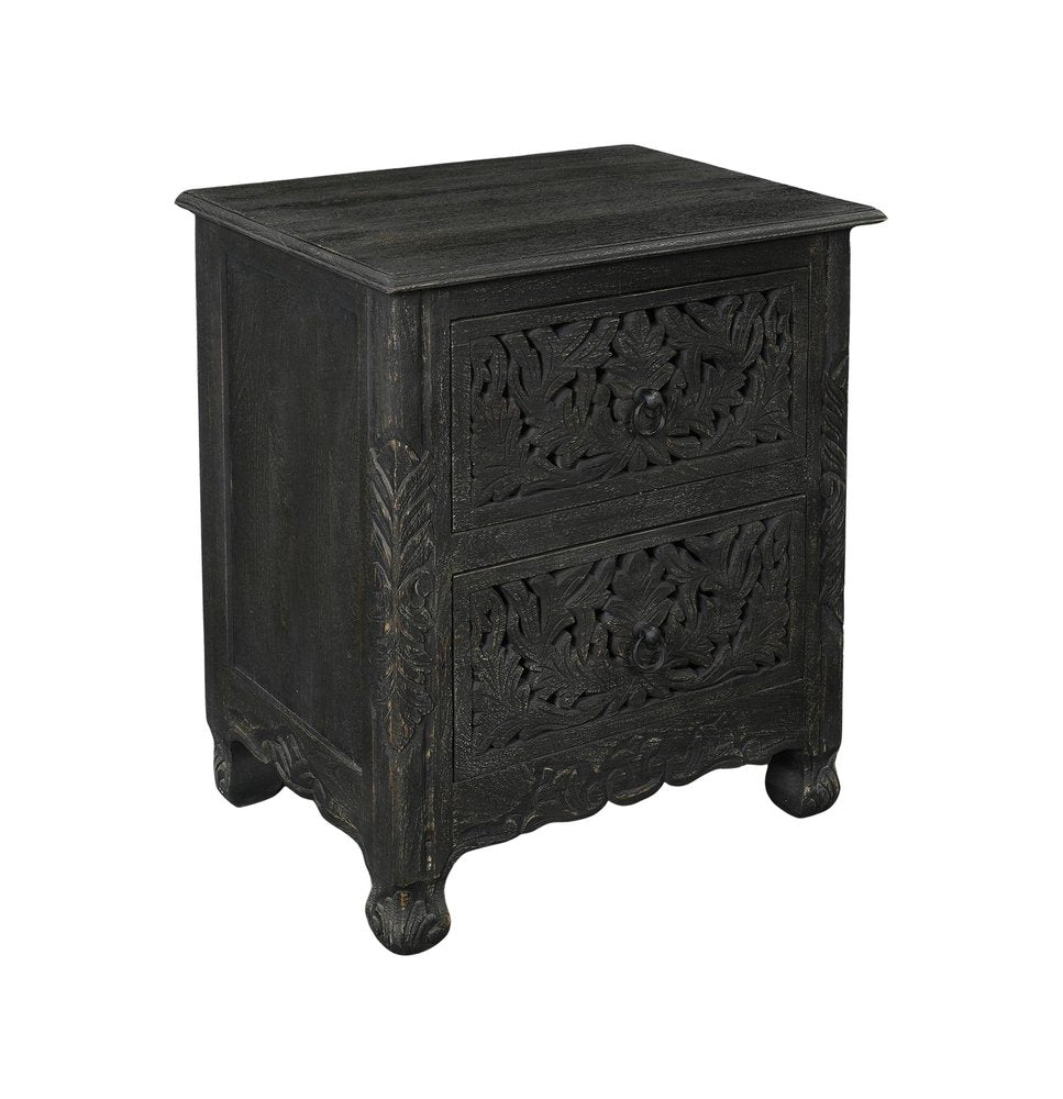 27" White Solid Wood Square Distressed Carved Floral Two Drawer Nightstand