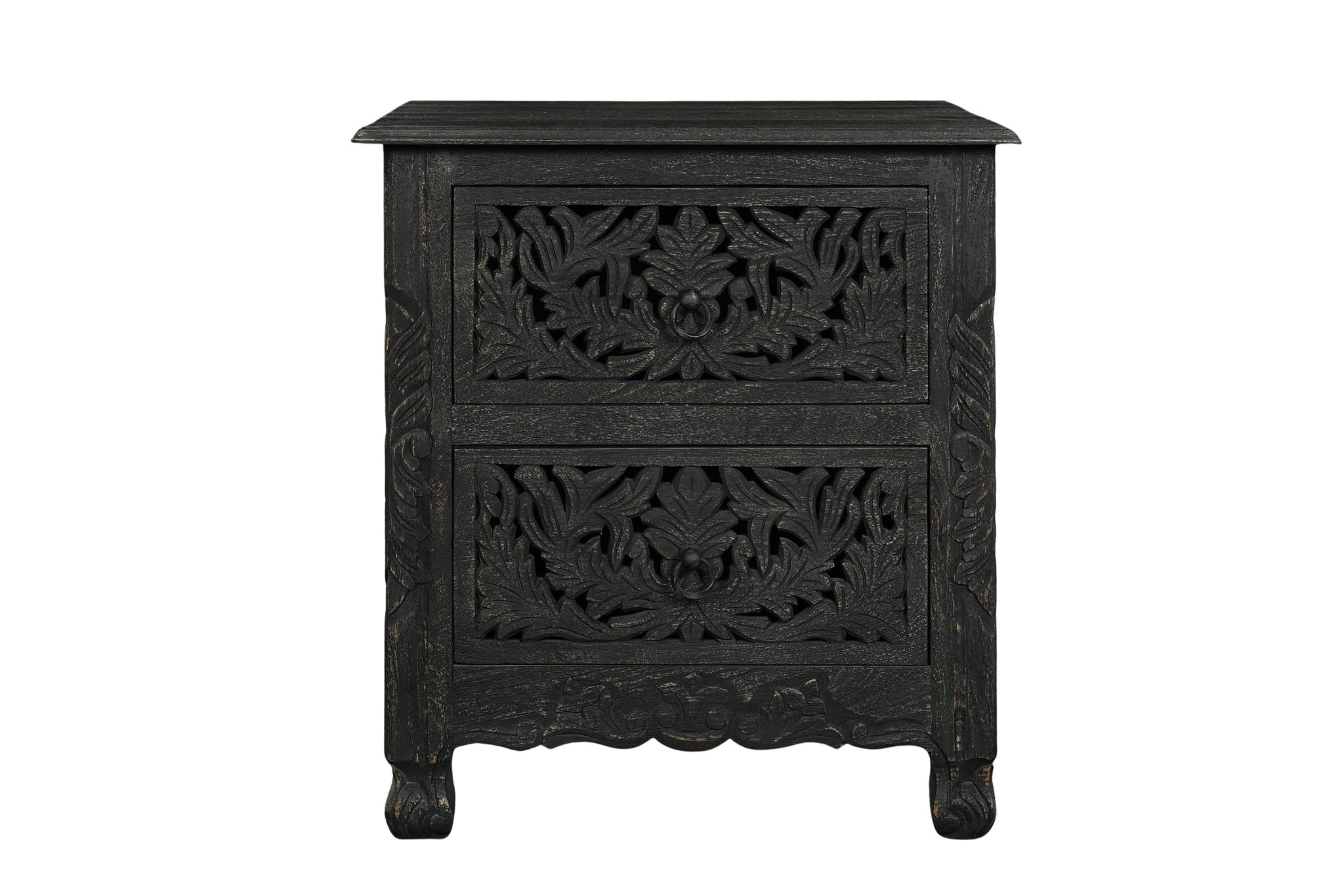 27" Black Solid Wood Square Distressed Carved Floral Two Drawer Nightstand