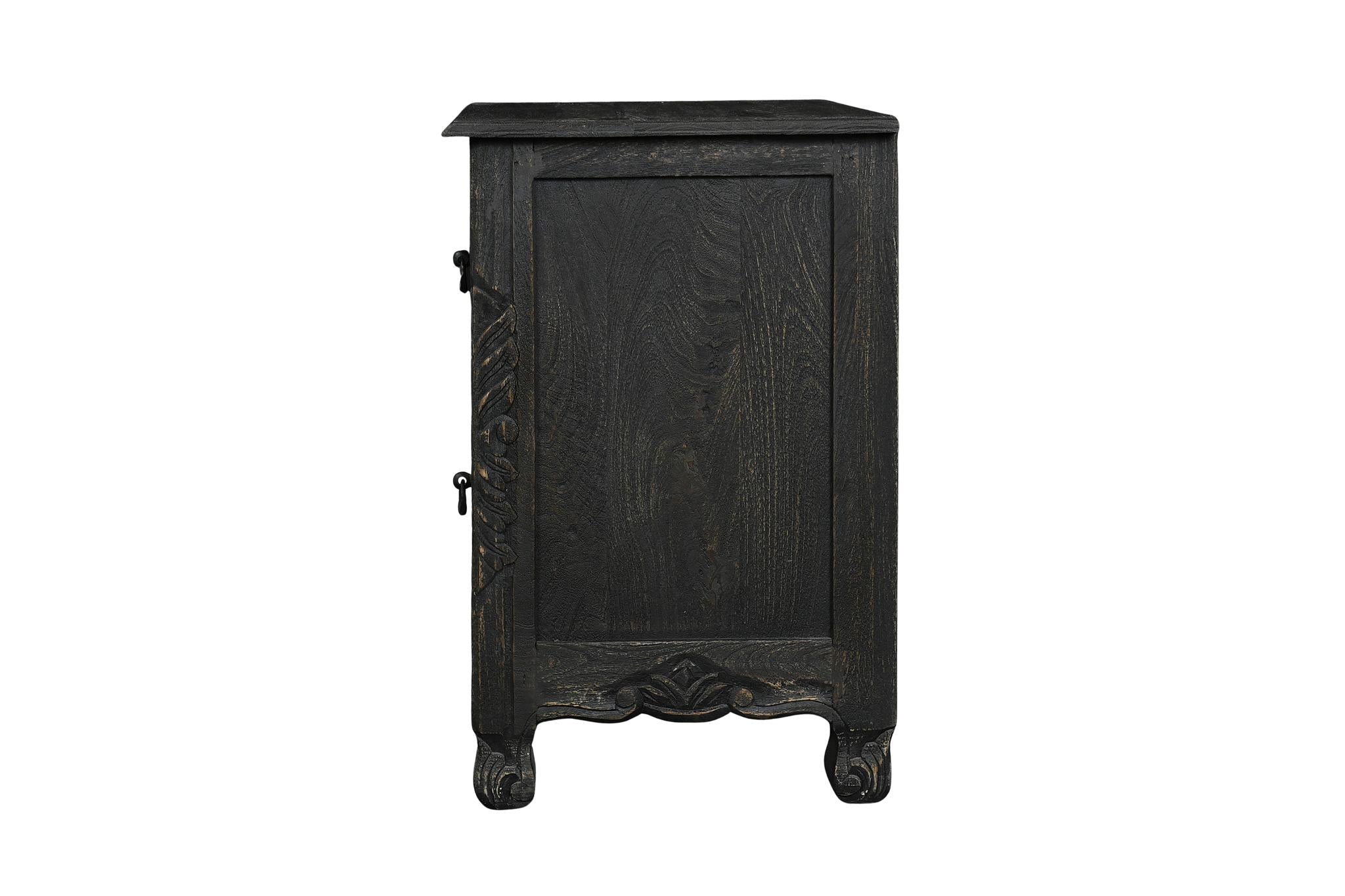 27" Black Solid Wood Square Distressed Carved Floral Two Drawer Nightstand