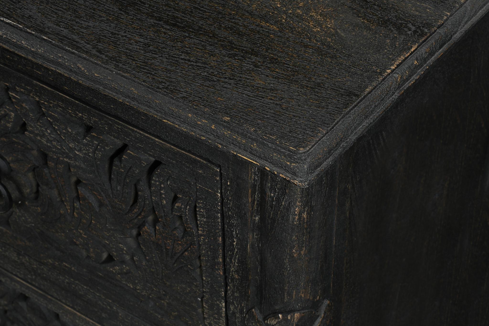 27" Black Solid Wood Square Distressed Carved Floral Two Drawer Nightstand