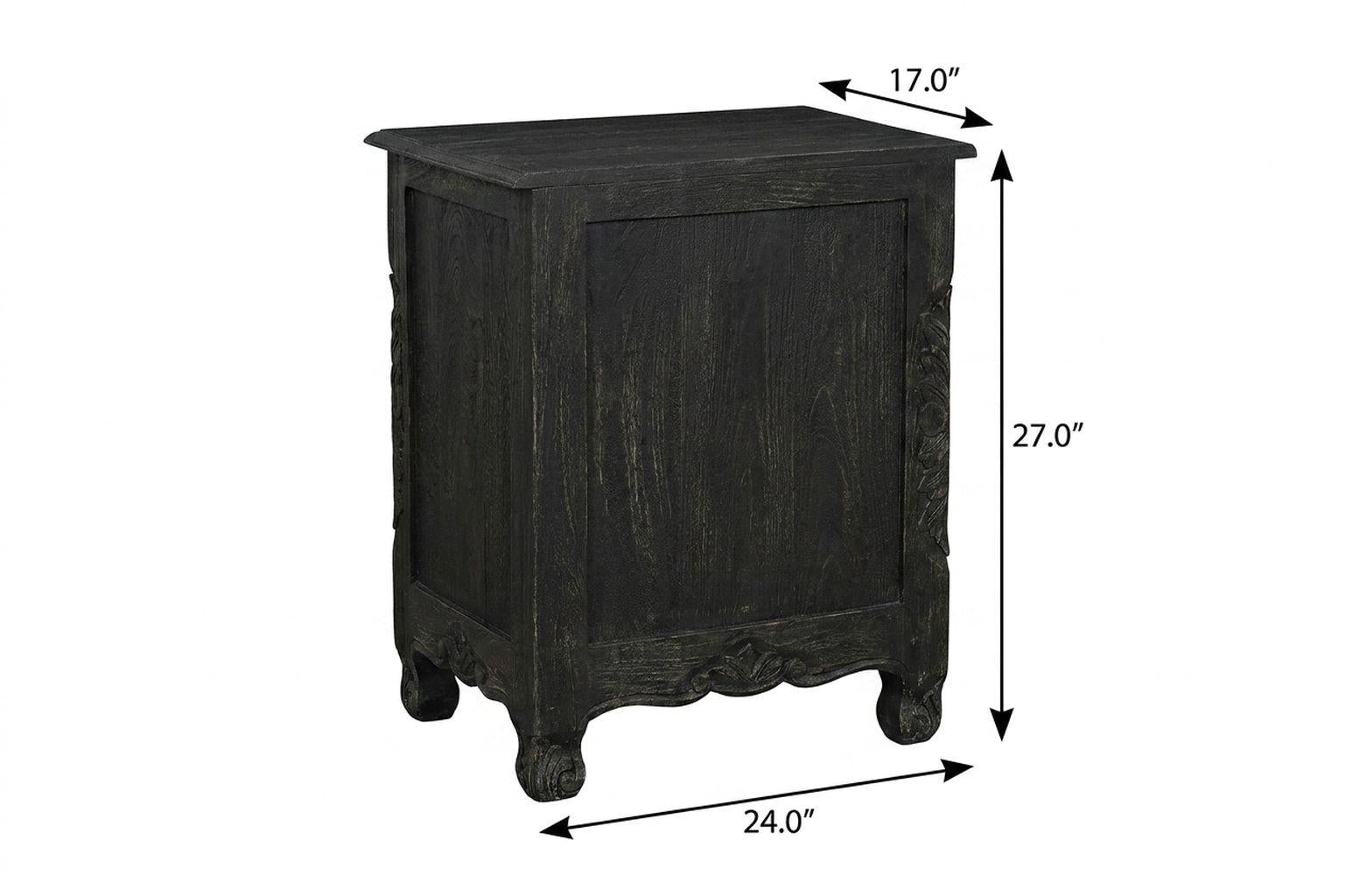 27" Black Solid Wood Square Distressed Carved Floral Two Drawer Nightstand