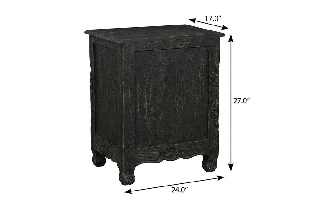 27" White Solid Wood Square Distressed Carved Floral Two Drawer Nightstand