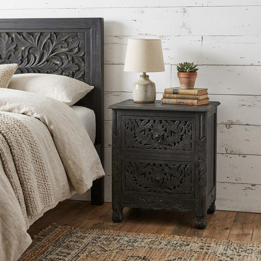 27" White Solid Wood Square Distressed Carved Floral Two Drawer Nightstand