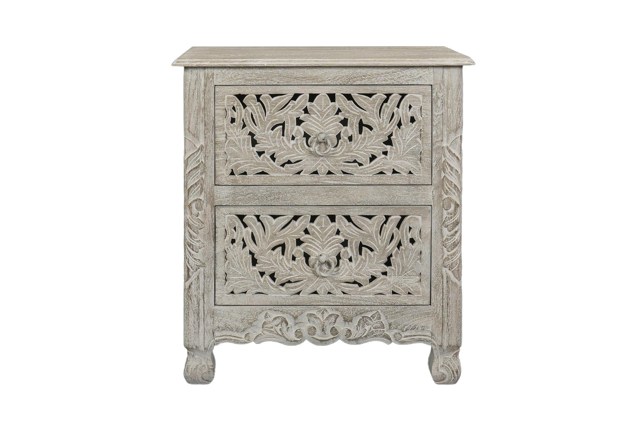 27" Gray Solid Wood Square Distressed Carved Floral Two Drawer Nightstand