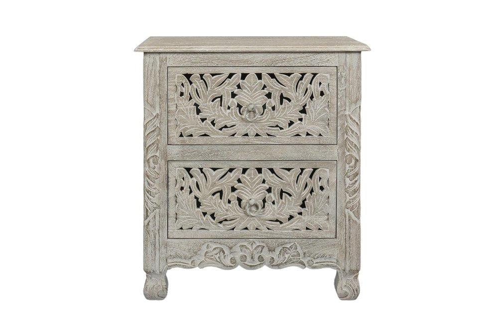 27" White Solid Wood Square Distressed Carved Floral Two Drawer Nightstand