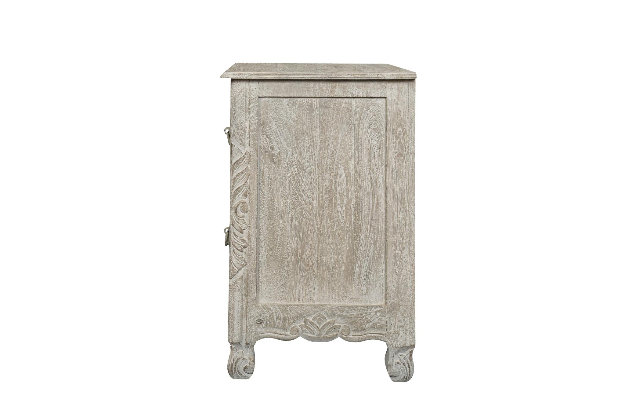 27" Gray Solid Wood Square Distressed Carved Floral Two Drawer Nightstand