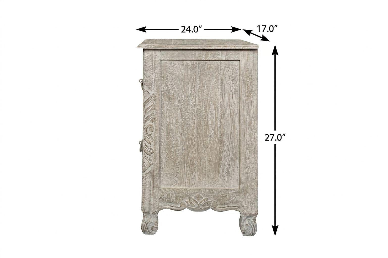 27" Gray Solid Wood Square Distressed Carved Floral Two Drawer Nightstand