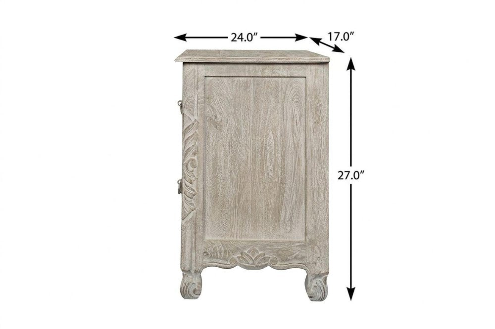 27" White Solid Wood Square Distressed Carved Floral Two Drawer Nightstand