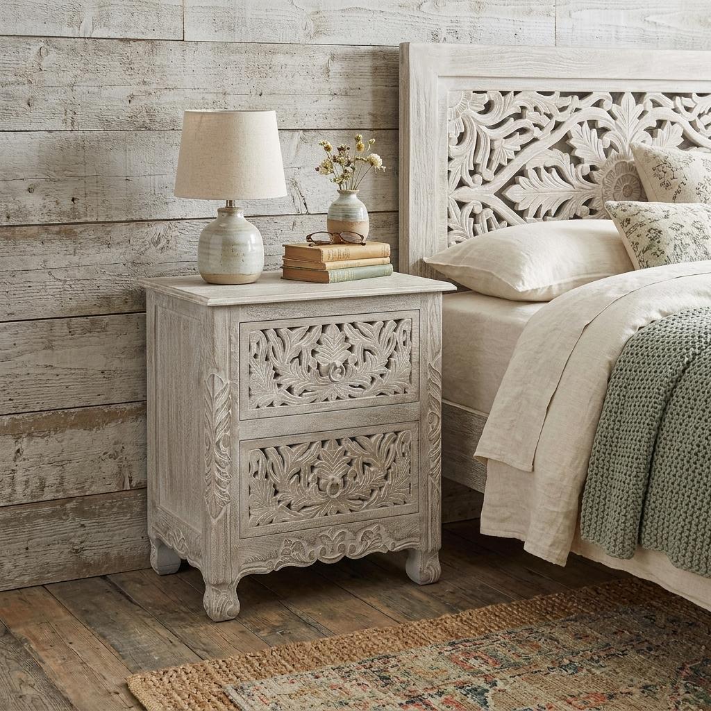 27" Gray Solid Wood Square Distressed Carved Floral Two Drawer Nightstand