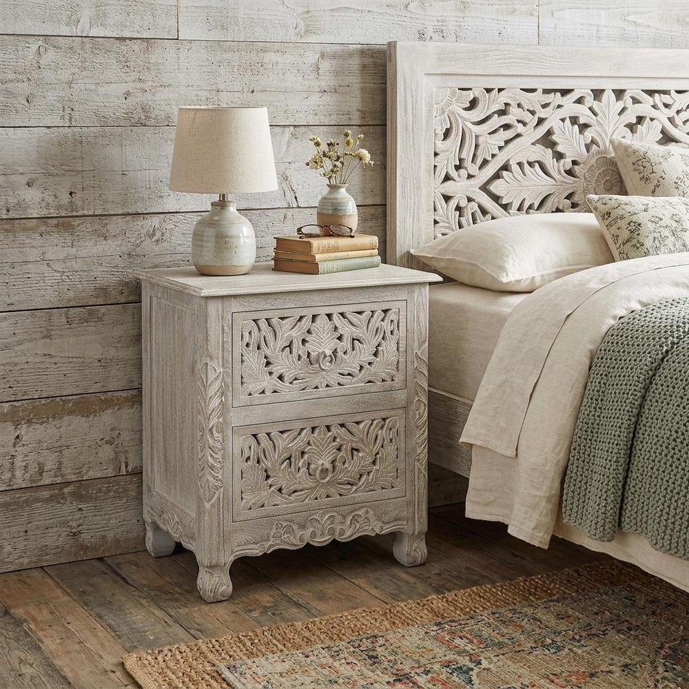 27" White Solid Wood Square Distressed Carved Floral Two Drawer Nightstand