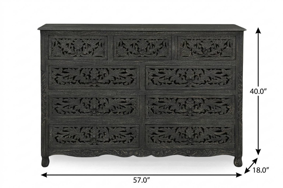 57" Black Carved Floral Solid Wood Nine Drawer Dresser