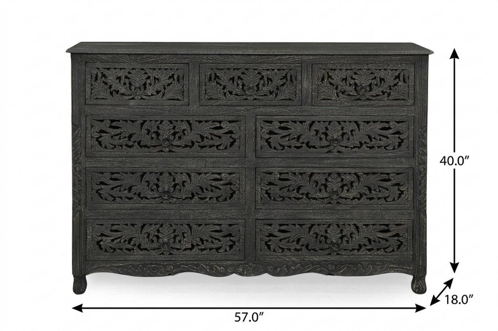 57" Black Carved Floral Solid Wood Nine Drawer Dresser