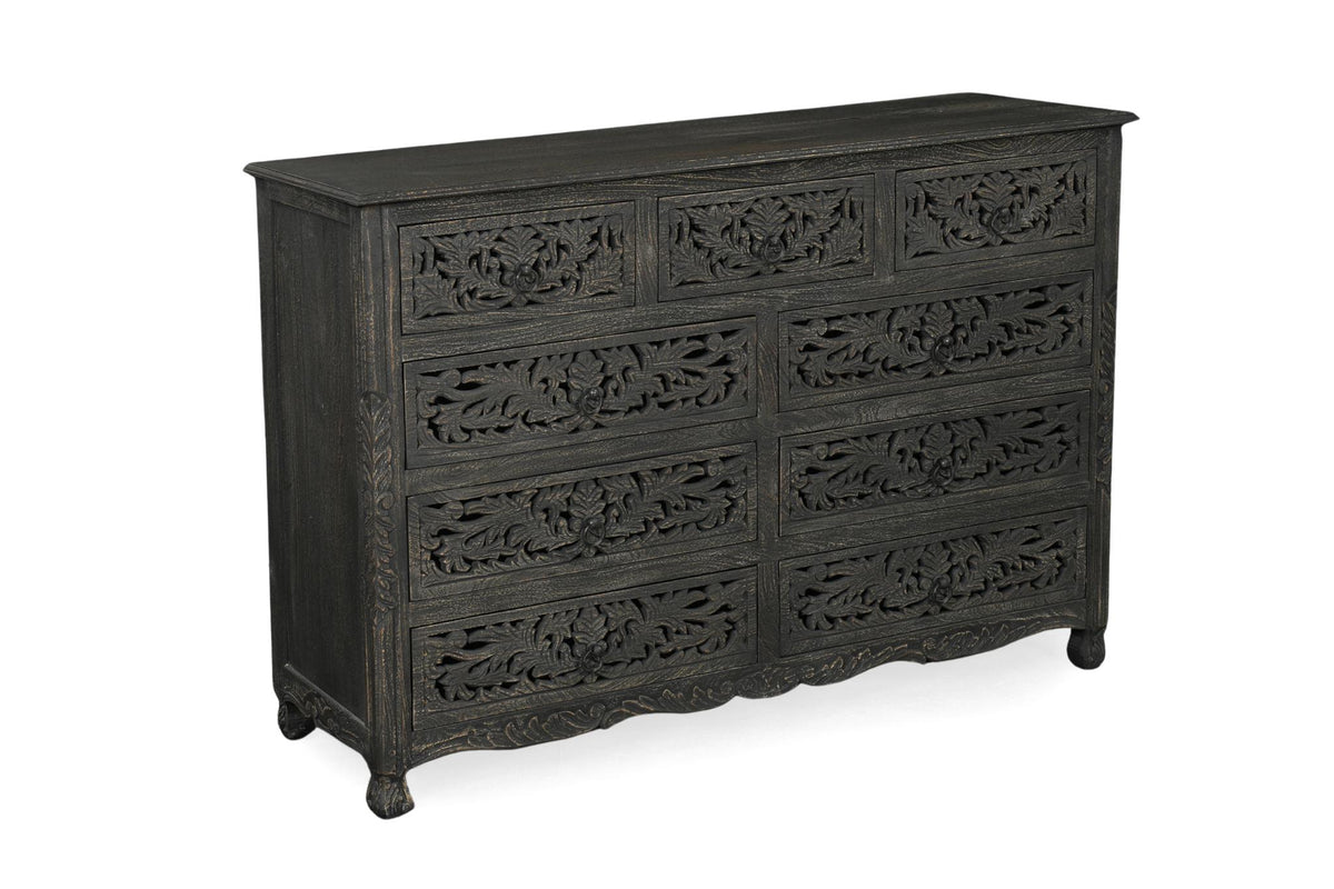 57" Black Carved Floral Solid Wood Nine Drawer Dresser