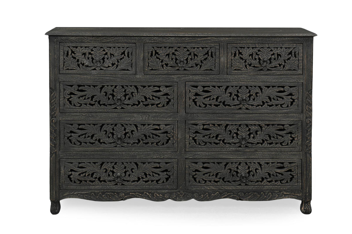 57" Black Carved Floral Solid Wood Nine Drawer Dresser