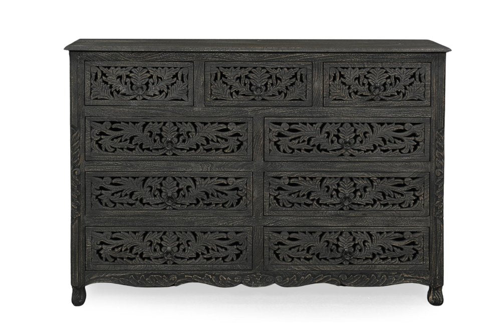 57" Black Carved Floral Solid Wood Nine Drawer Dresser